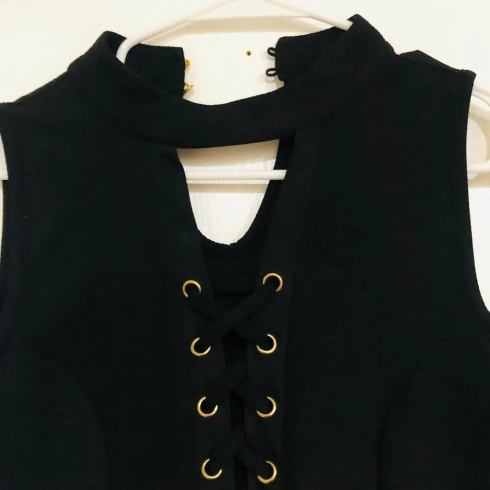 New Look Women's Mini Dress Lace Up Details Sleeveless Keyhole Neck Black Medium - Image 4