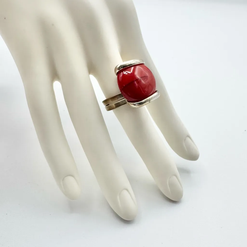 Red Coral Vintage Silver Plated Boho Ring 7 - Image 3