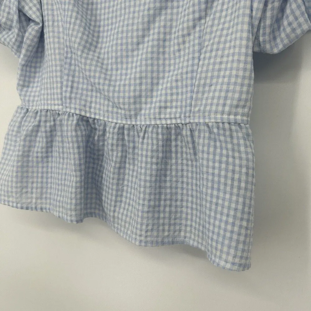 Lily White  Light Blue Gingham Plaid Smocked Crop Top Short Puff Sleeves Size L - Image 4