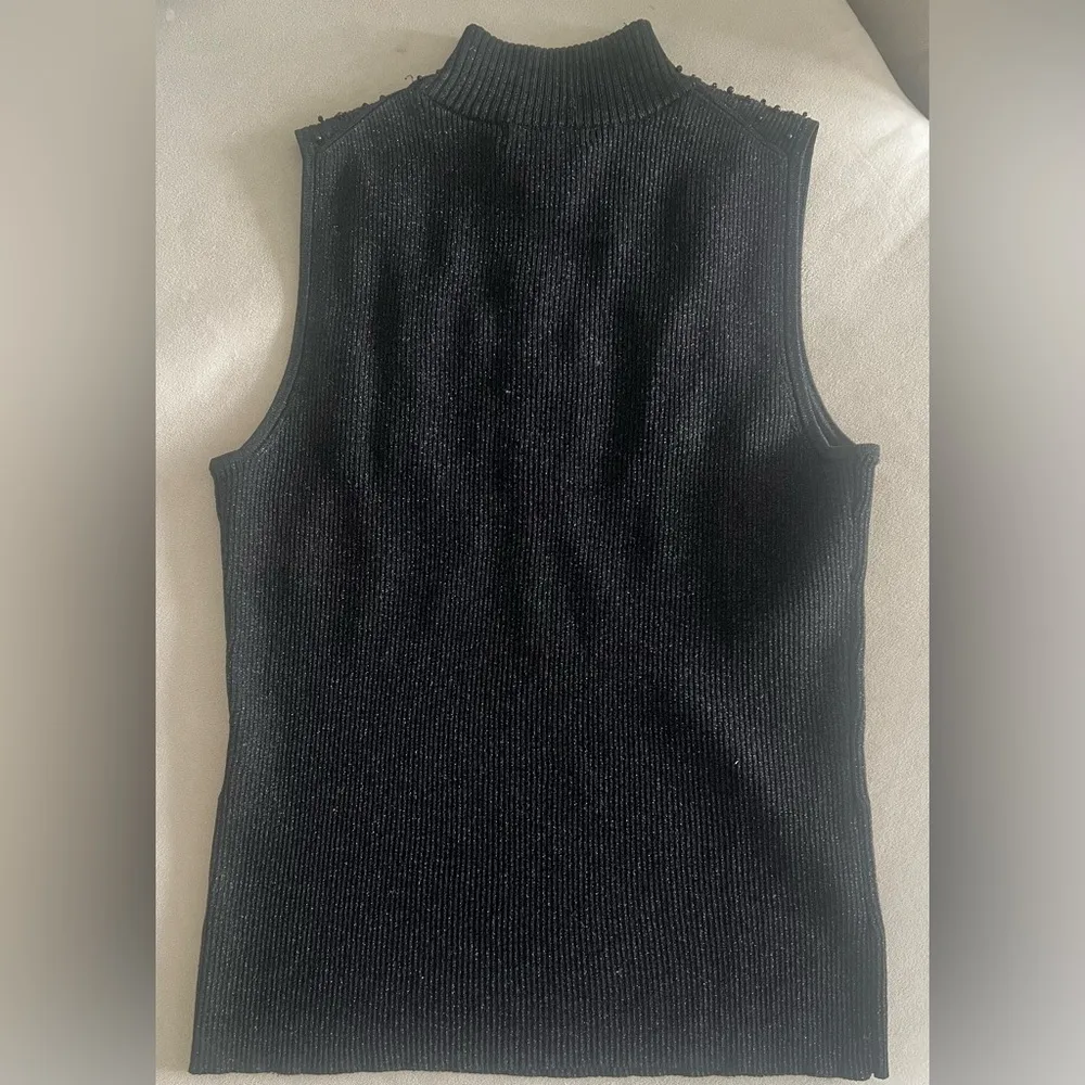 Grace Elements Metallic Ribbed Beaded Pearl Black Sleeveless Sweater Top Medium - Image 2