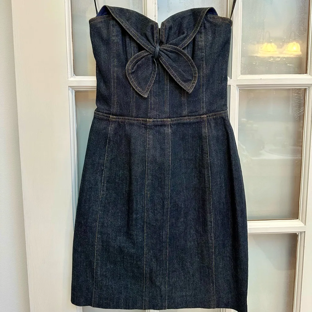 Vintage Y2K Betsey Johnson Strapless Denim Mini Pencil Dress with Bow Size 2 XS - Image 14