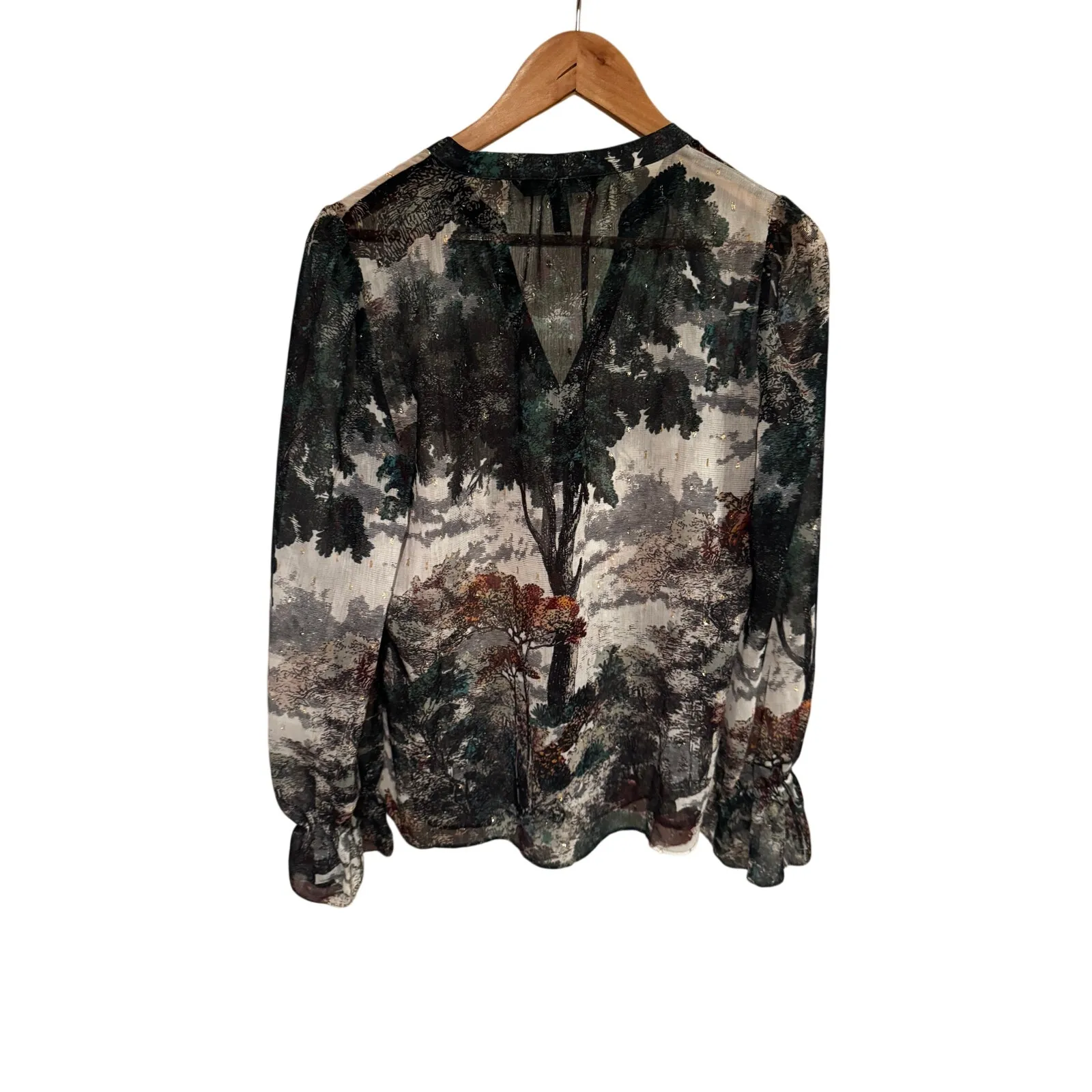 White House Black Market “Dreamscape Ecru” Blouse/Forest Scene — Size Small - Image 3