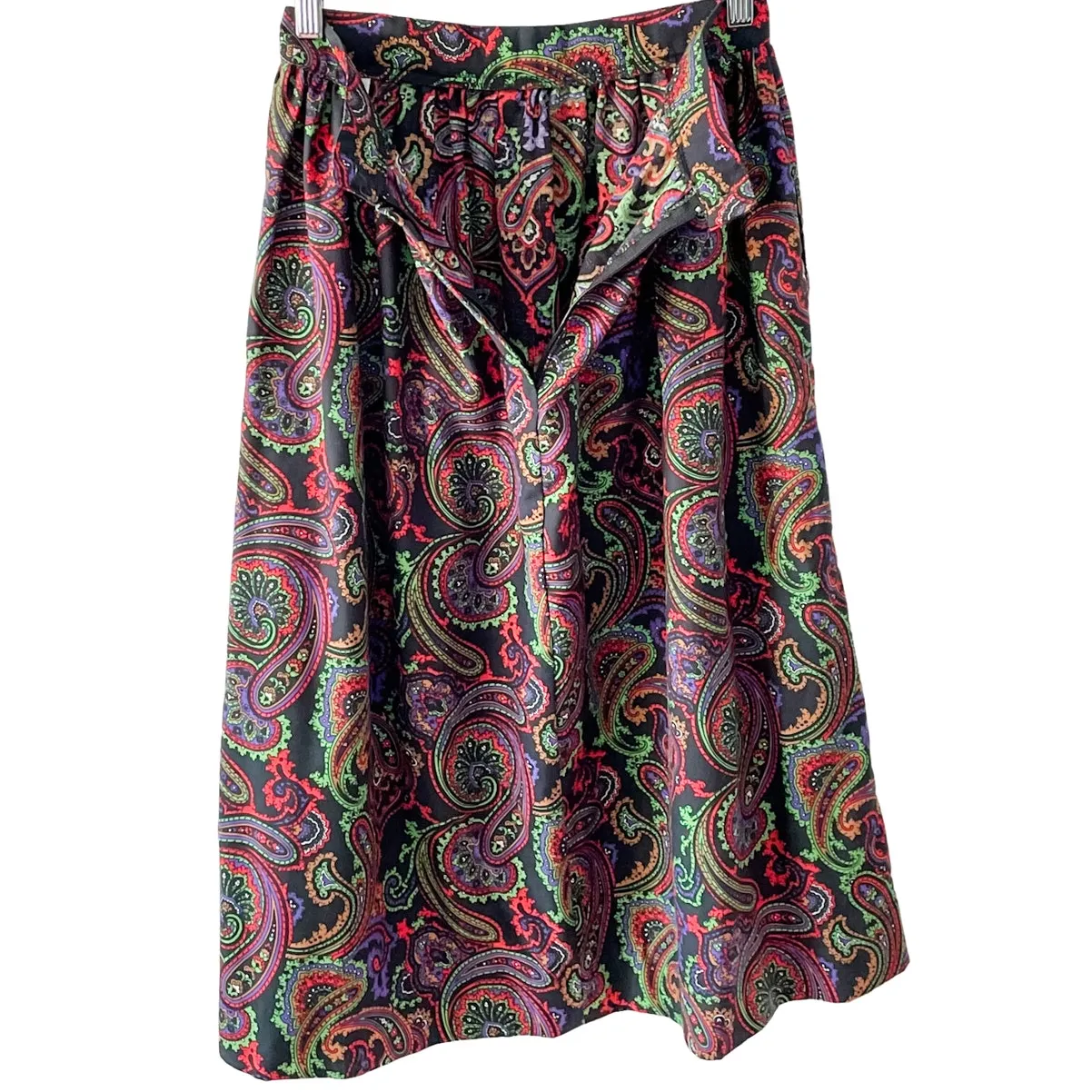 Vintage vibrant paisley jewel tone pleated midi skirt w/ pockets small size S Black - Image 4