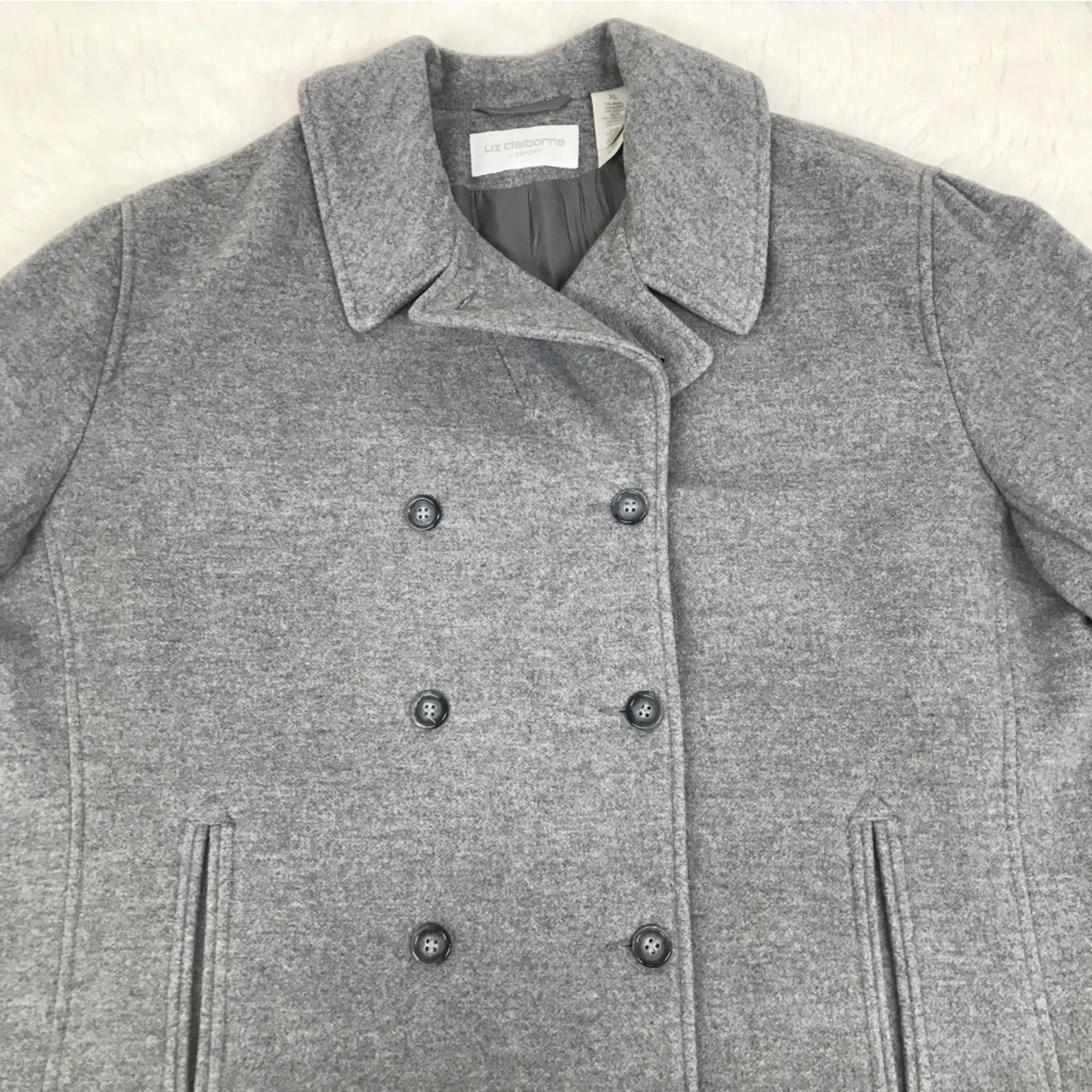 LIZ CLAIBORNE Gray Wool Cashmere Peacoat Jacket Size XL Double Breasted Winter‎ - Image 3