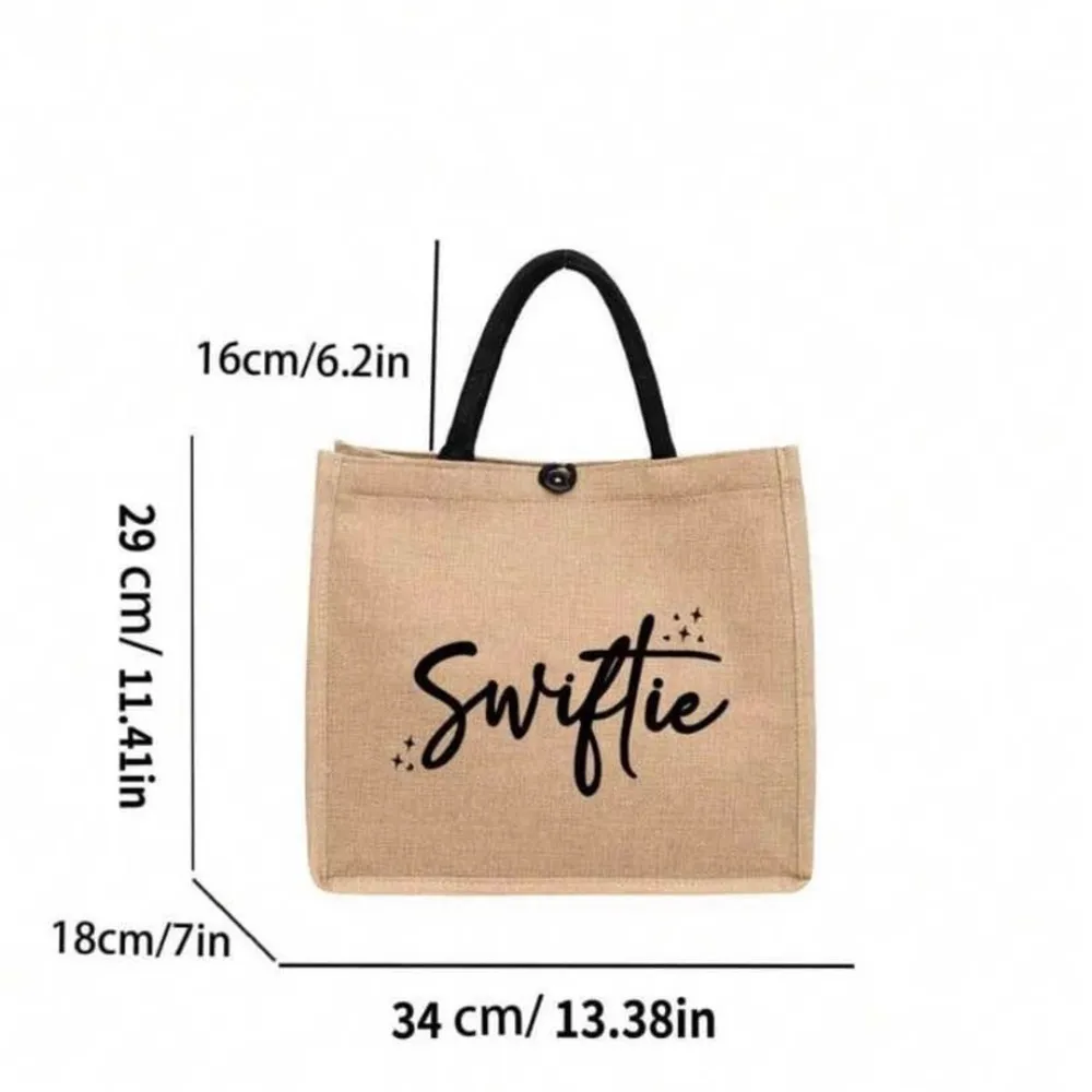 Khaki Reusable Canvas Tote Bag For Women With Star, Heart, Swiftie Letter Print Black - Image 3