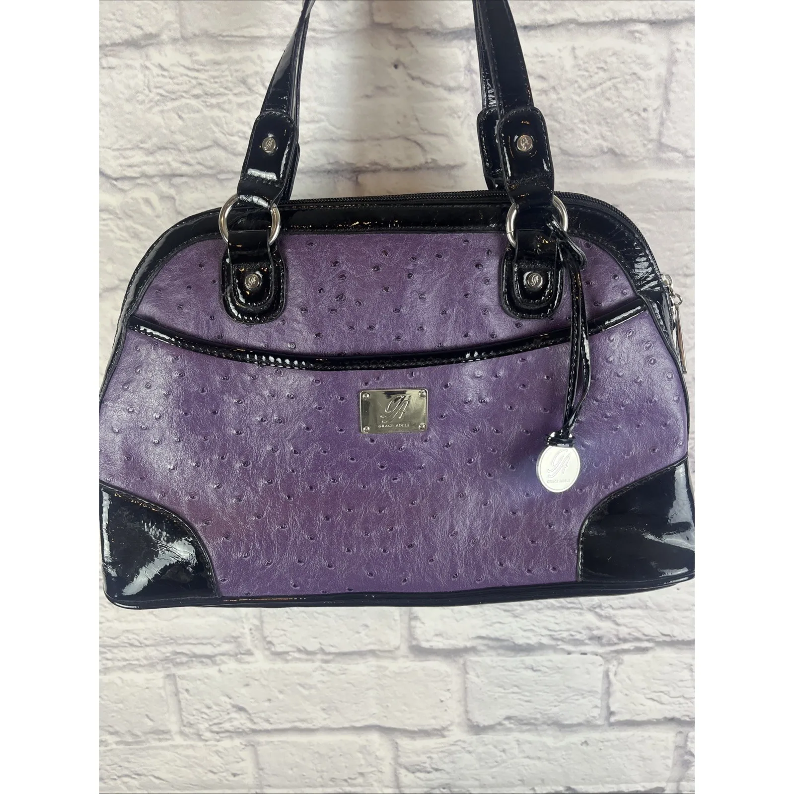 Grace Adele Emma Purple & Faux Ostrich Patent Leather Goth Shoulder Bag Purse - Image 2