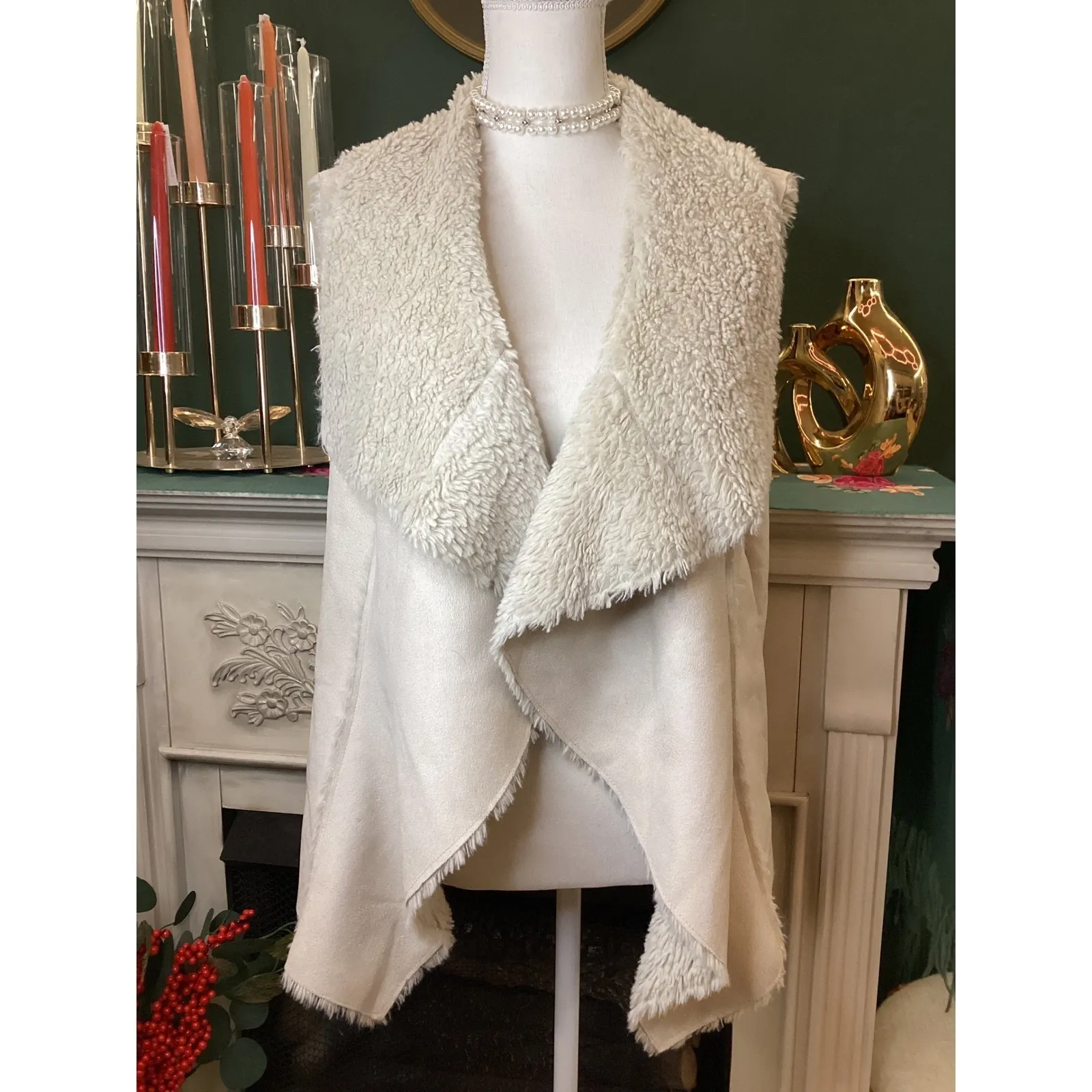 Knox Rose Women's XL Cream Faux Fur Lined Drape Vest Cozy Casual - Image 2