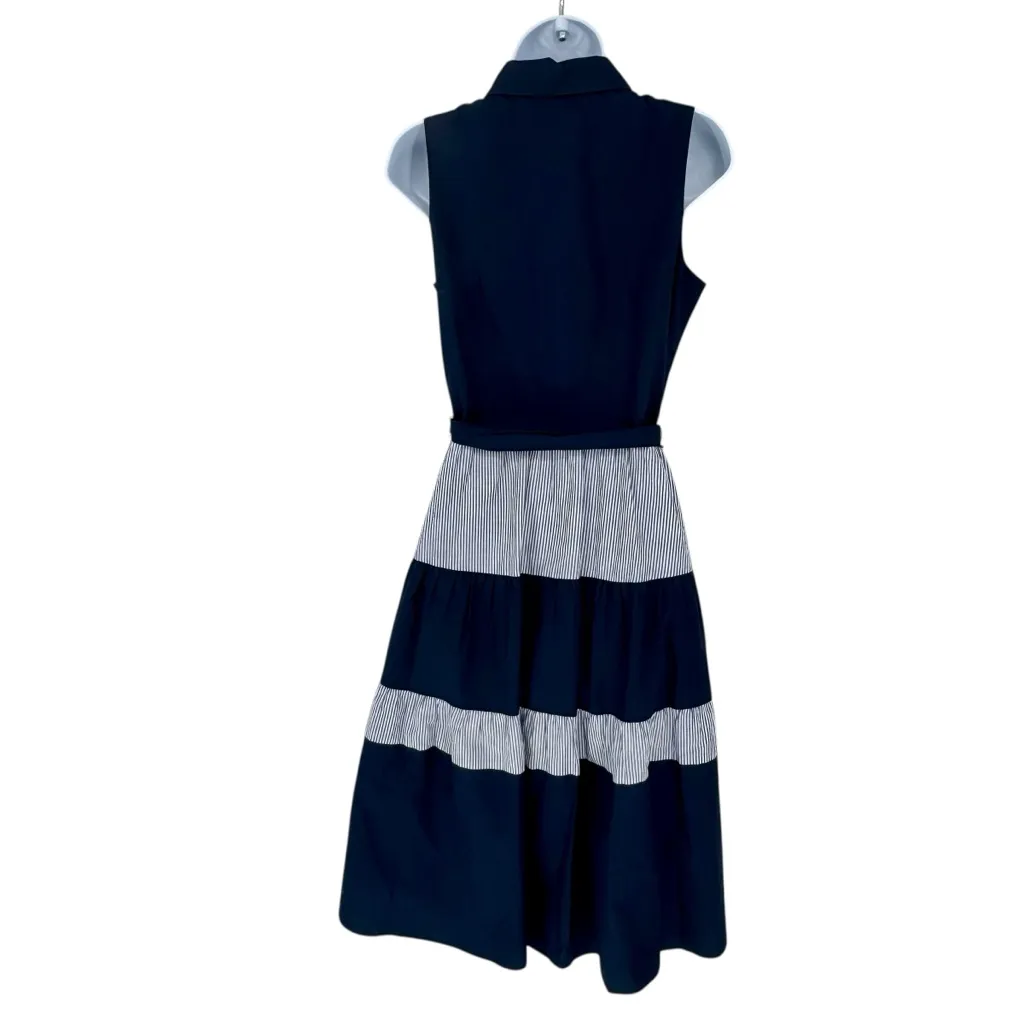 Jessica Howard Navy Stripe Sleeveless Collared Belted Office Midi Dress Size 6 - Image 3