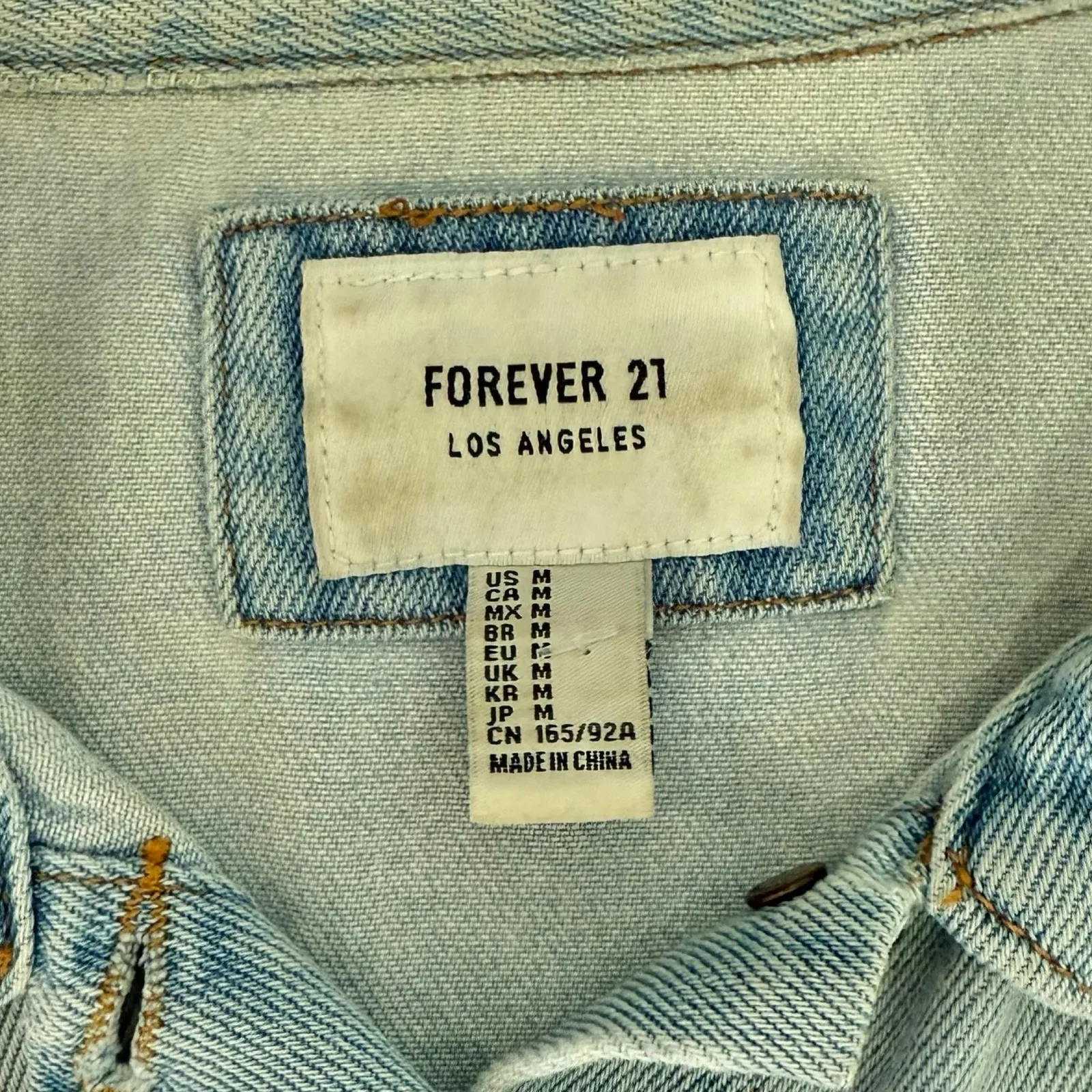 Forever 21 Blue Denim Pink Orange Floral Embroidered Distressed Jean Jacket sz M - Image 6