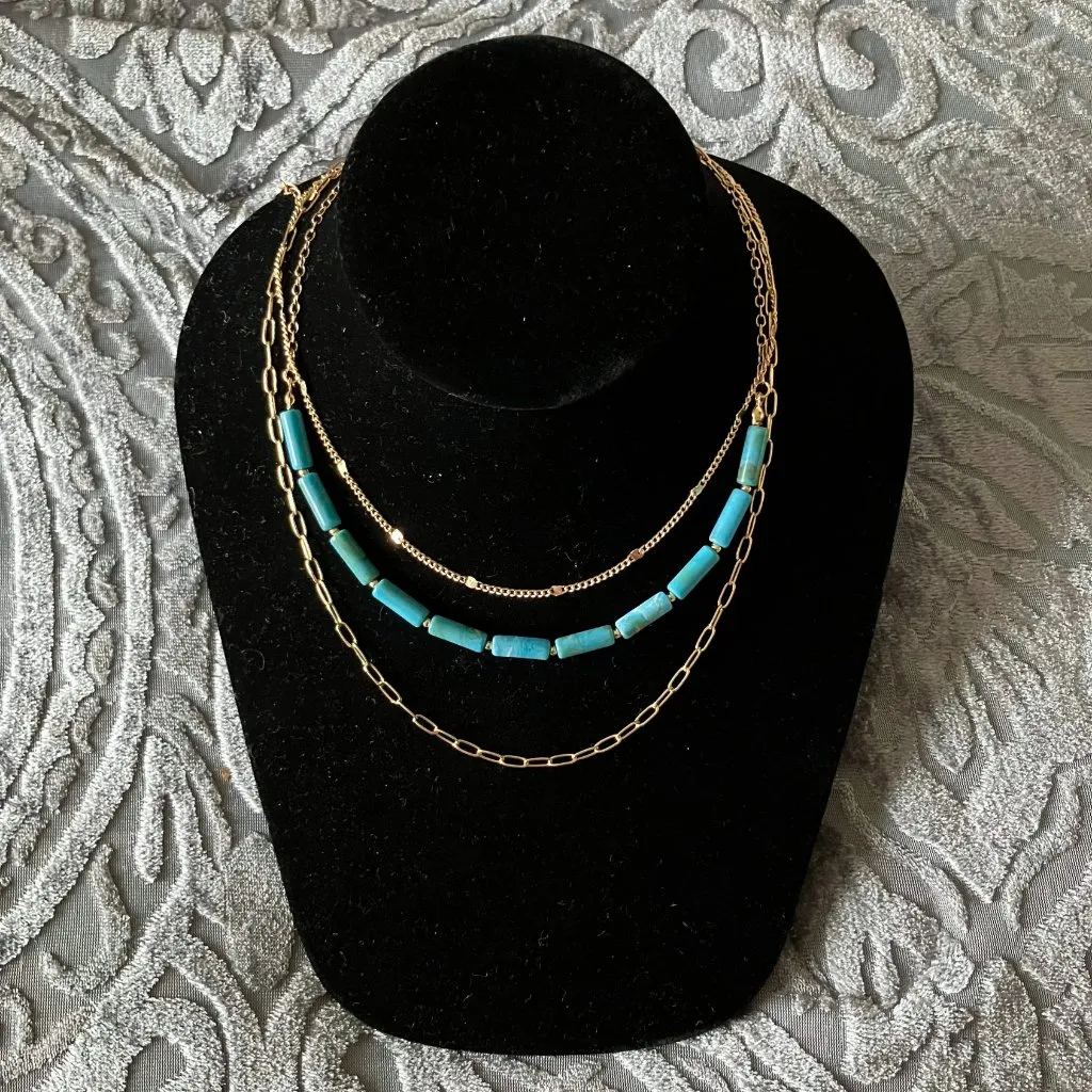 Faux Turquoise Beaded Gold Tone Chain Layered Claire’s Necklace Boho 14.5 - Image 6