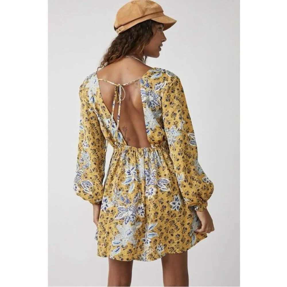 NWT Free People Soli Golden Hour Combo Yellow V-Neck Long Sleeve Mini Dress - Image 3