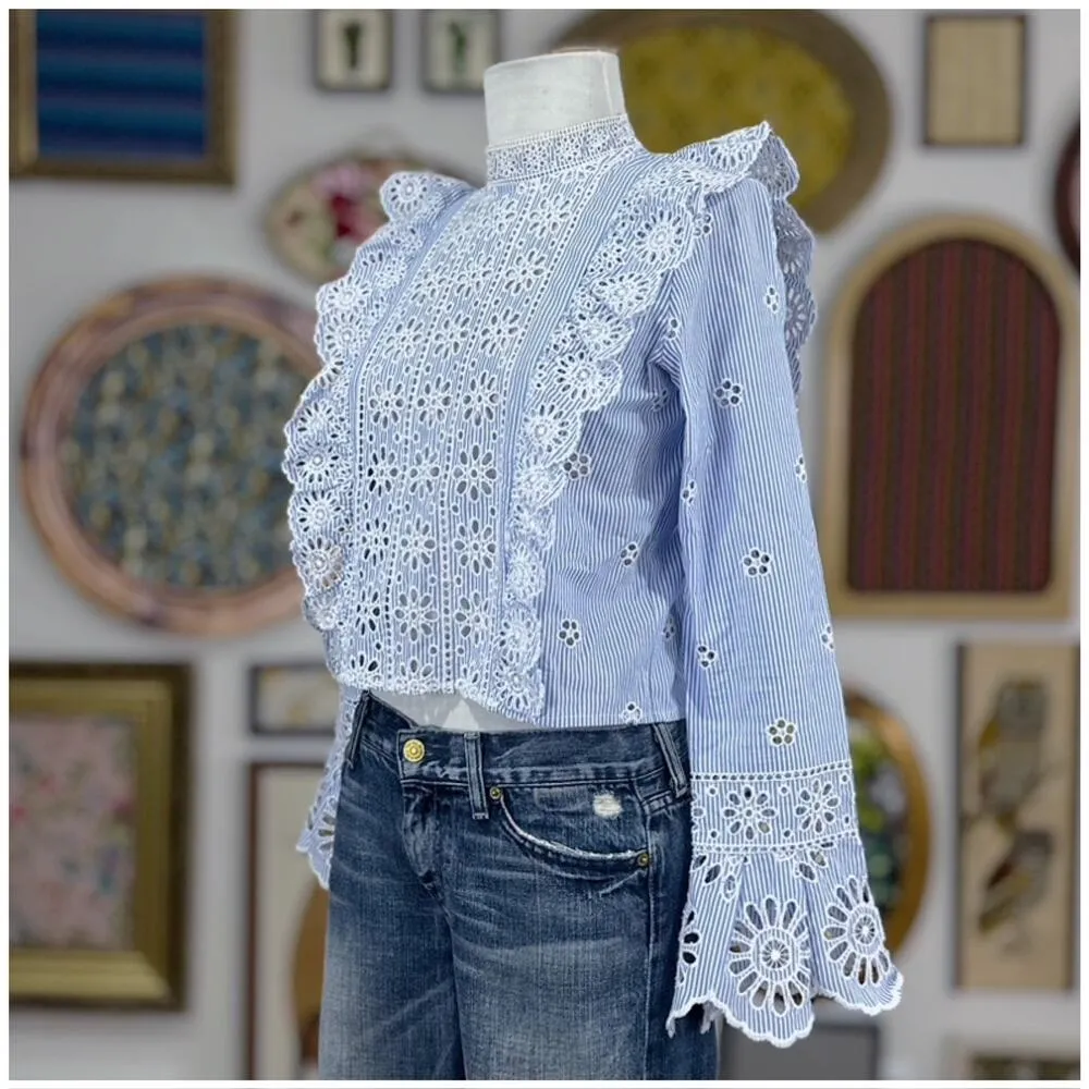 Sea Exploded New York Exploded Eyelet Ruffle Top Retail $ 345 Blue White Size 00 - Image 7