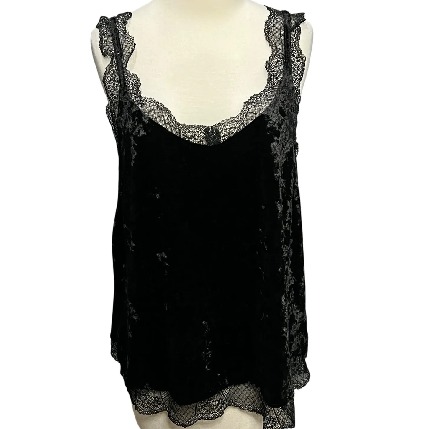 Mystree Y2K Tank Top Womens L Black Crushed Velvet Lace Trim Soft Whimsygoth - Image 4