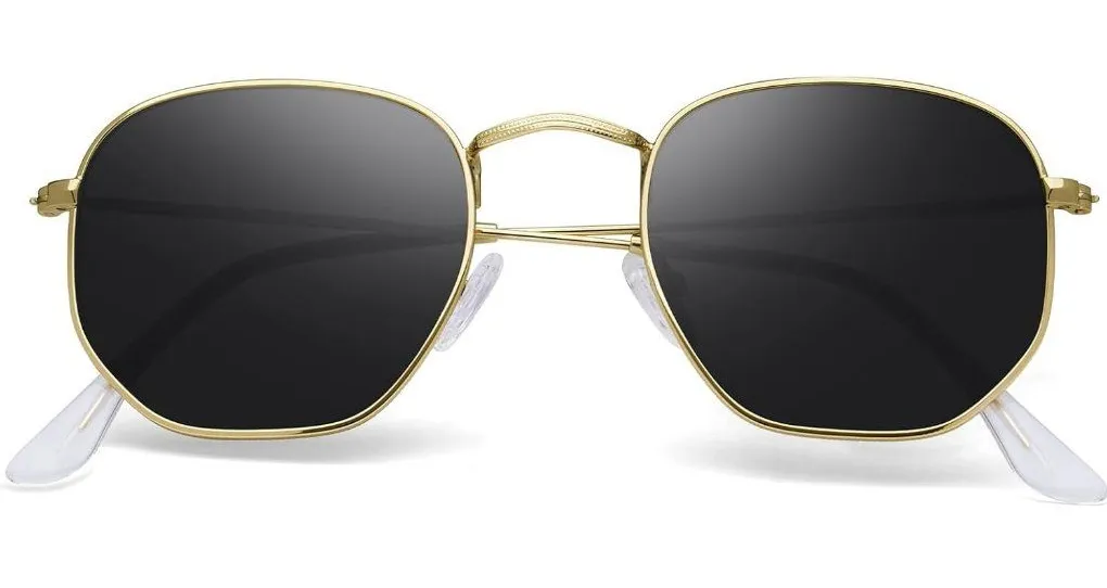 Unisex Black Gold Trendy Square Hexagonal Mirrored Sun Glasses UV Protection - Image 1