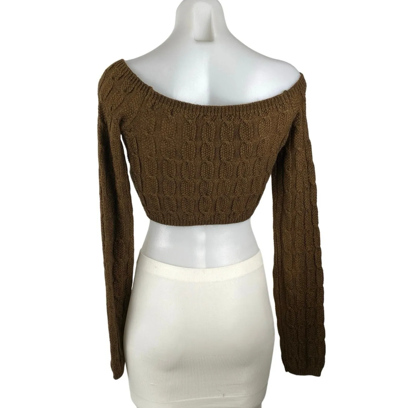 NEW NA-KD Brown Off The Shoulder Cable Knit Long Sleeve Crop Top Sweater Size S - Image 3