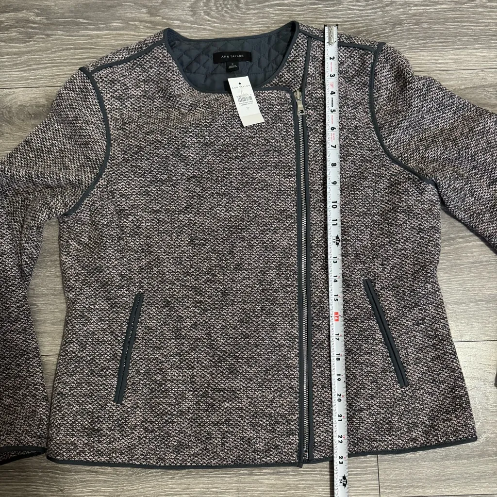 Ann Taylor Women Gray Textured Zip-Up Crew Neck Long Sleeve Jacket Size 12 - Image 11