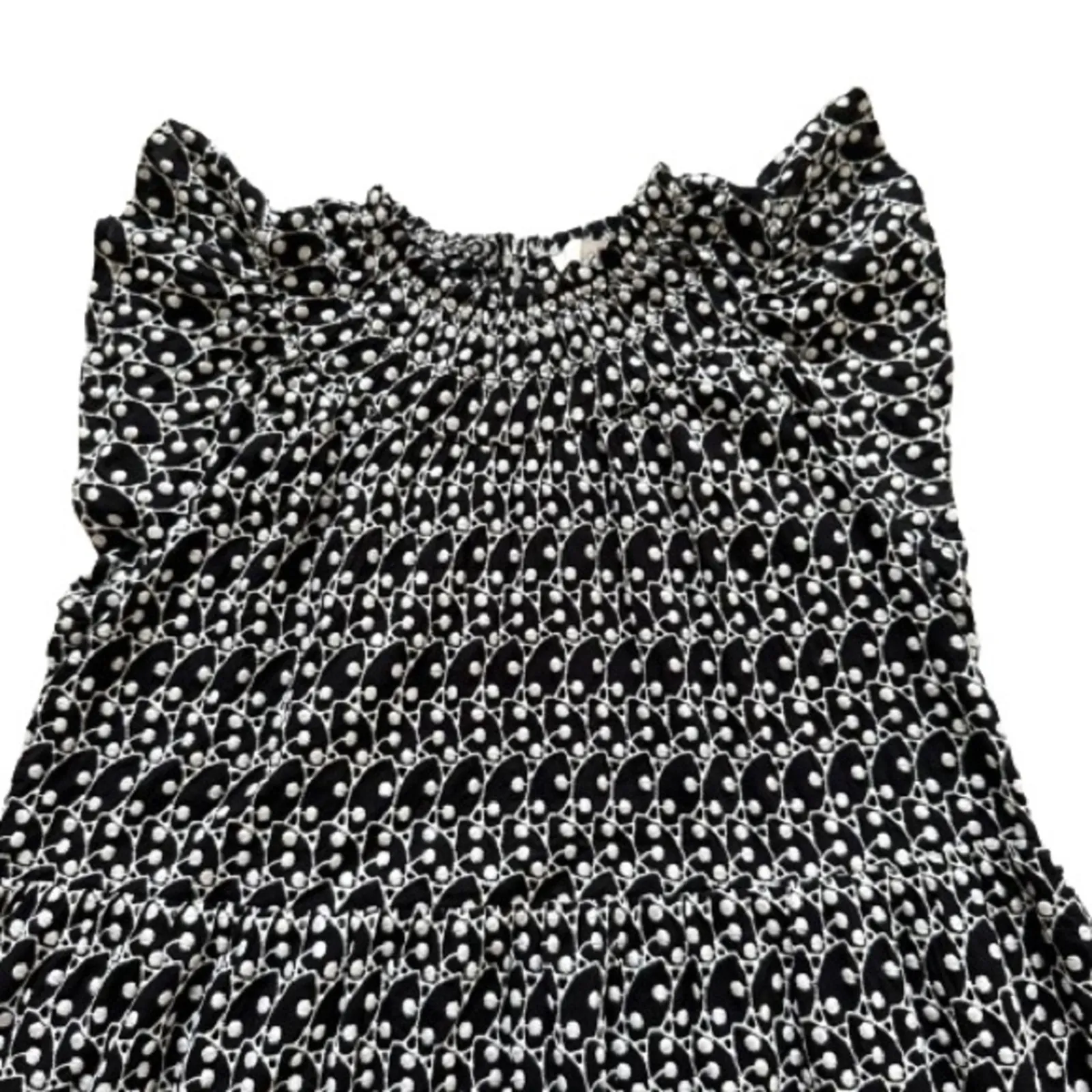 Loft Dress Black White Eyelet Embroidered Smocked Yoke Ruffle Sleeve Size LP NEW - Image 9