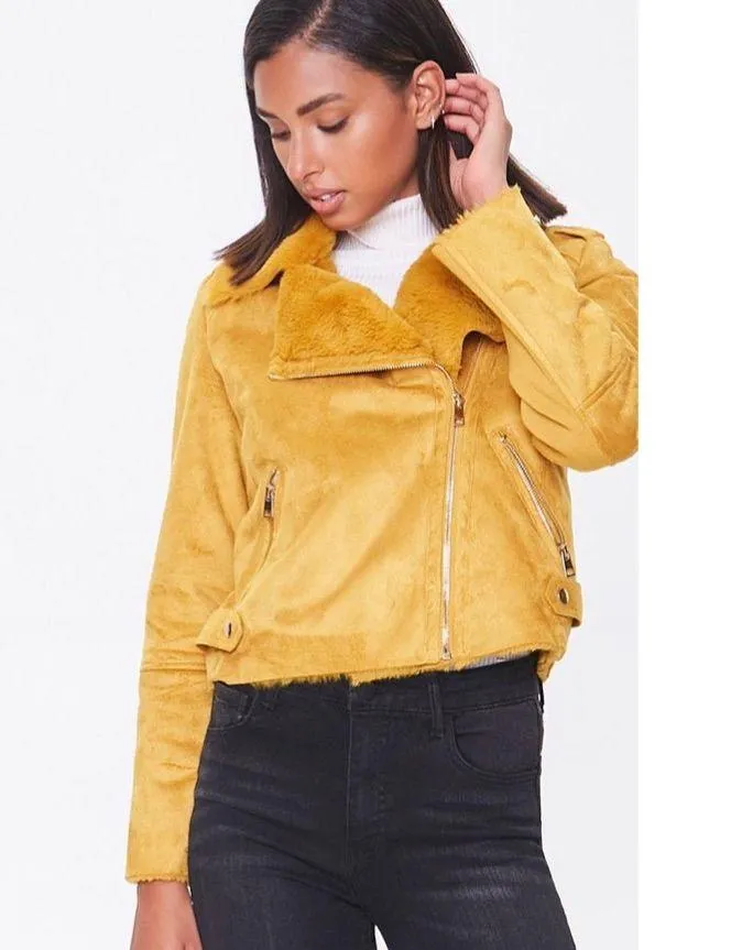 NWT Forever 21  Yellow Faux Fur-trim Moto Jacket - Image 3