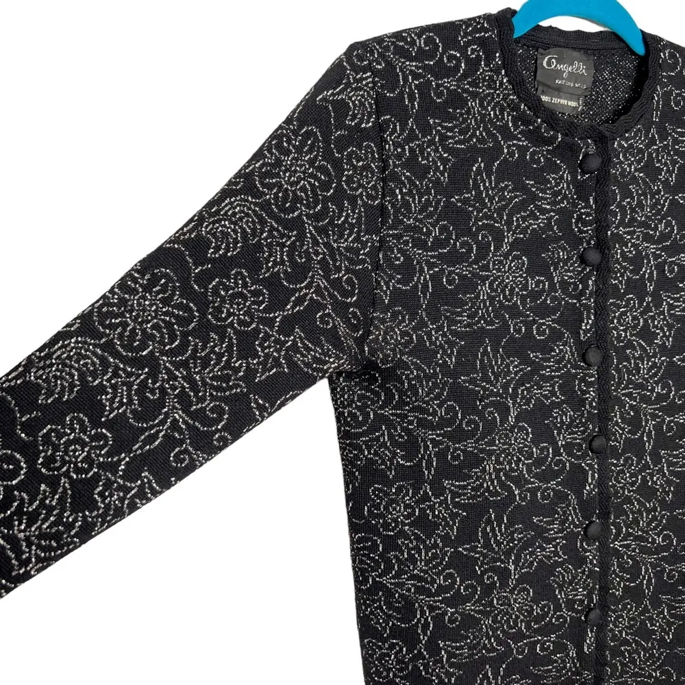 Vintage Angelli Zephyr Wool Black & Silver Floral Knit Cardigan - Image 2