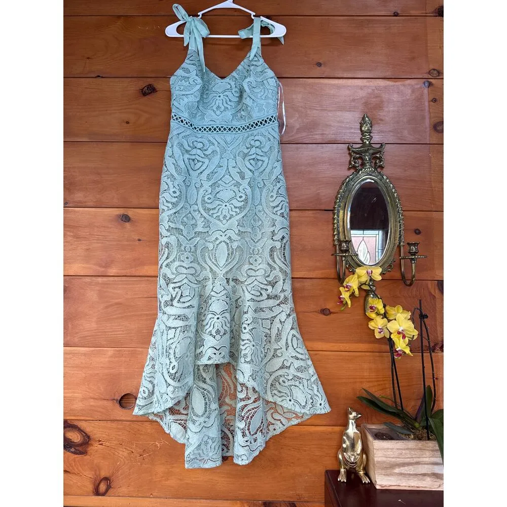 NWOT Lulus Won Your Heart Sage Green Lace Tie-Strap High-Low Midi Dress Size L - Image 3