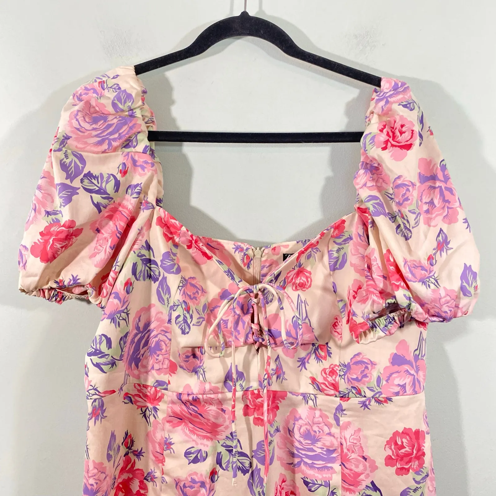 Zara Women Floral Puff Sleeve Lace Up Front Mini Dress Size XXL #4661/334 - Image 2