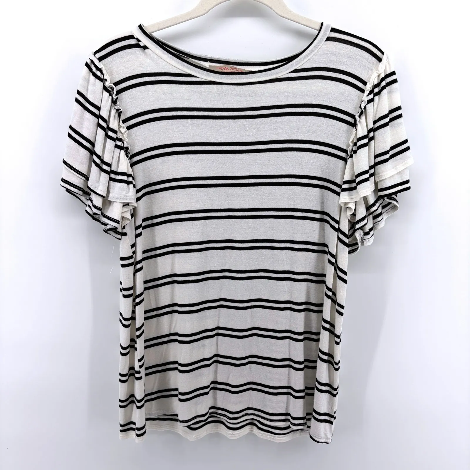 Casual Couture Green Envelope Black White Striped Flutter Sleeve Top Stretch - Image 2