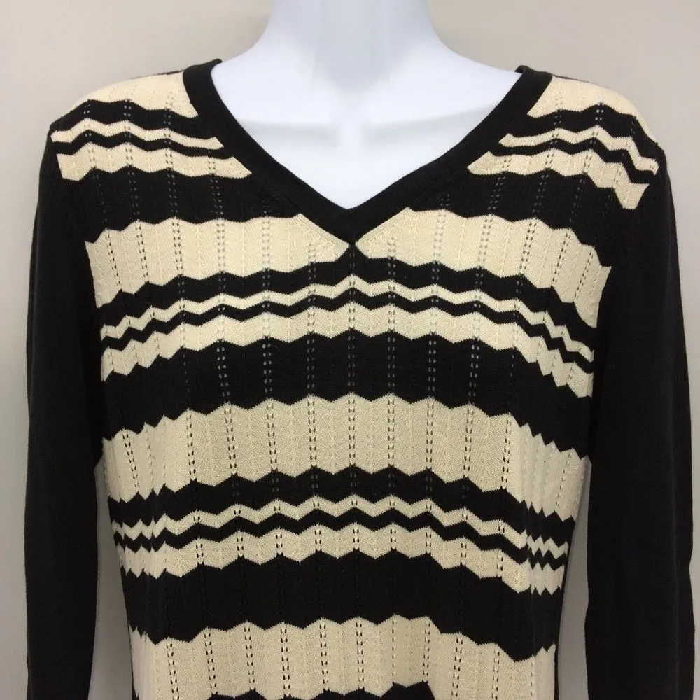 Charter Club Black and Cream 3/4 Length Silk Blend Chevron Patterned Sweater-S - Image 3
