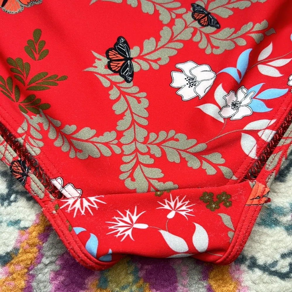 Ted Baker Red Kyoto Floral Butterfly Print One-piece Halter Open Back Swimsuit - Image 13