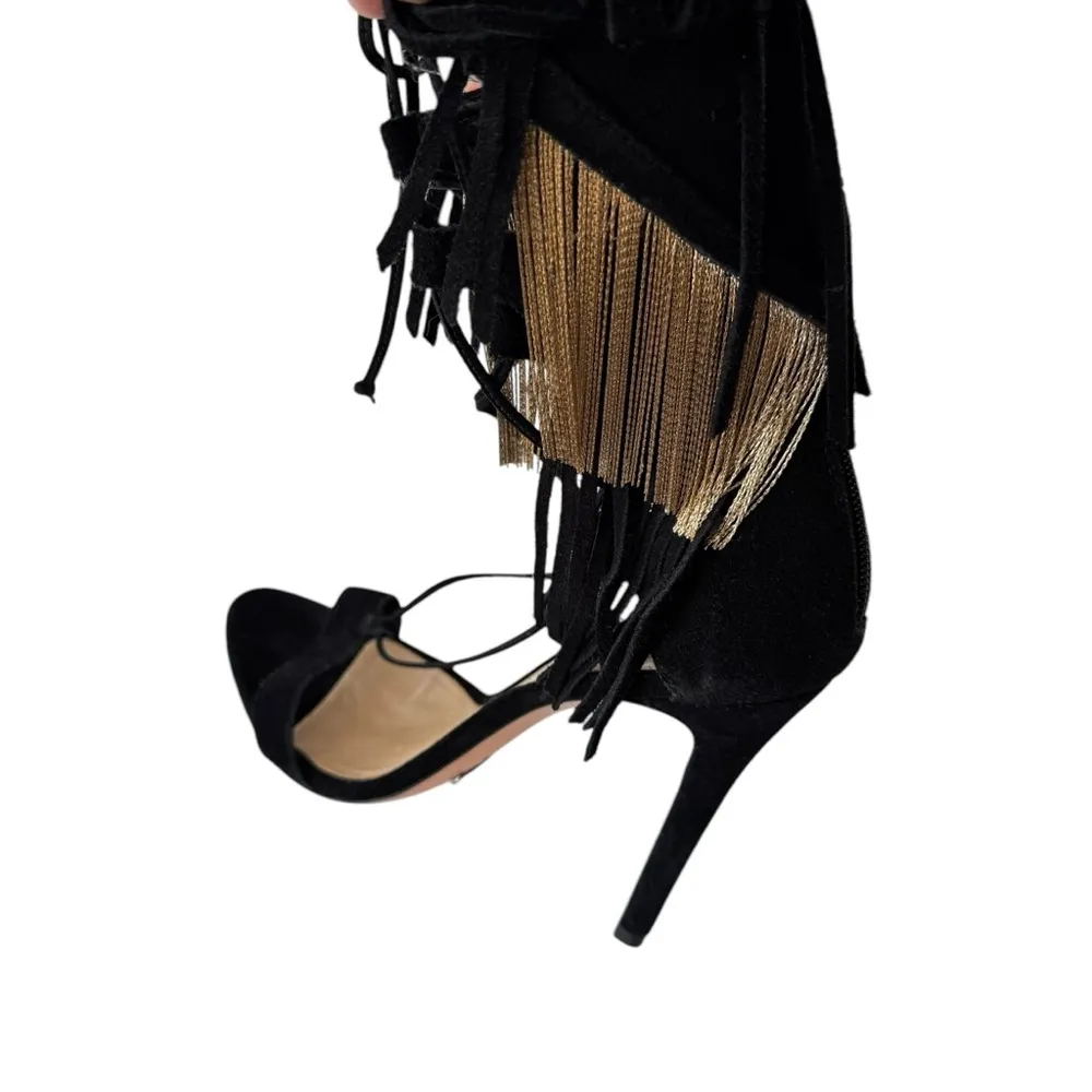 NEW Schutz Fringe Suede Stiletto Sandal Metal and Suede Fringe Black Size 9.5 - Image 11