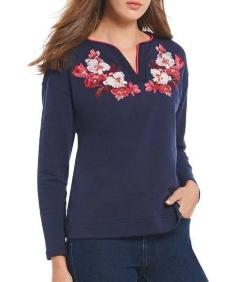 NWT Joules Jordan Notch Neck floral Embroidery Sweatshirt sz 8 Blue - Image 1