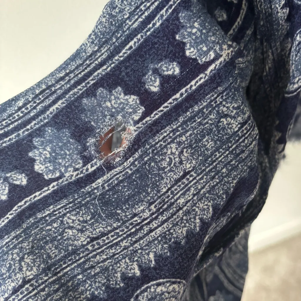 Somedays Lovin Blue Batik Print Lightweight Scoop Neck Mini Dress Raw Hem Boho - Image 12