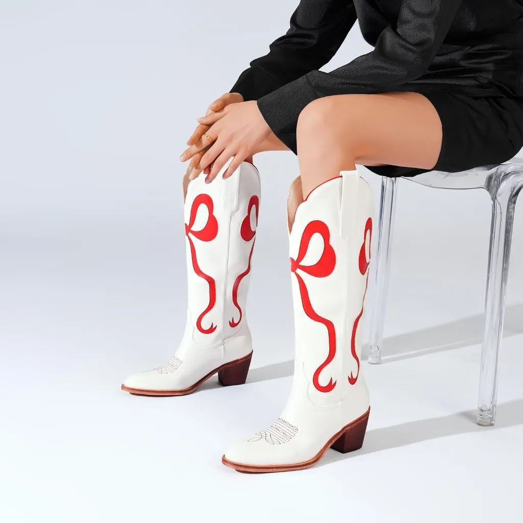 ⚡Women's Red Cowgirl Boots Bow Knee High Almond Toe Chunky Heel Embroidered Size 12 - Image 5