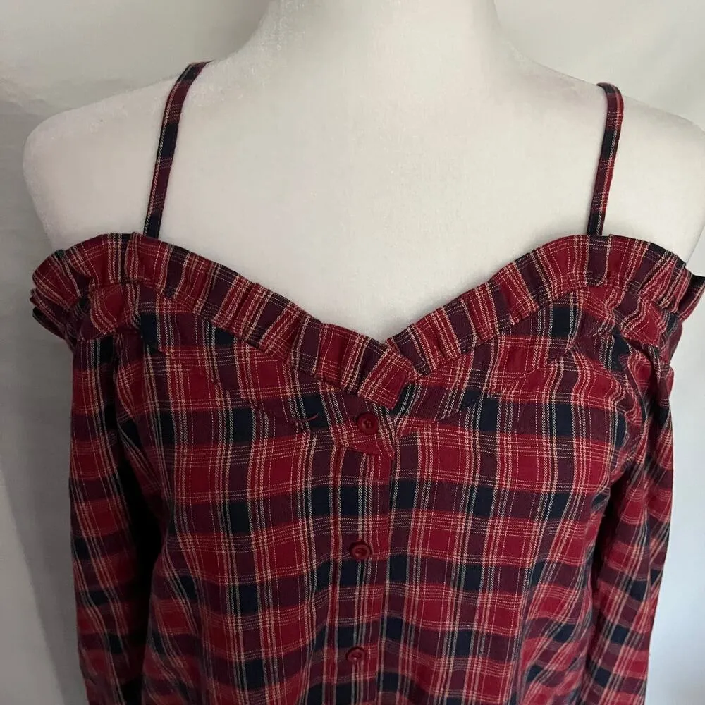 Hayden Off Shoulder Button Womens Top Sz S Plaid Sweetheart Strap Red Western - Image 9