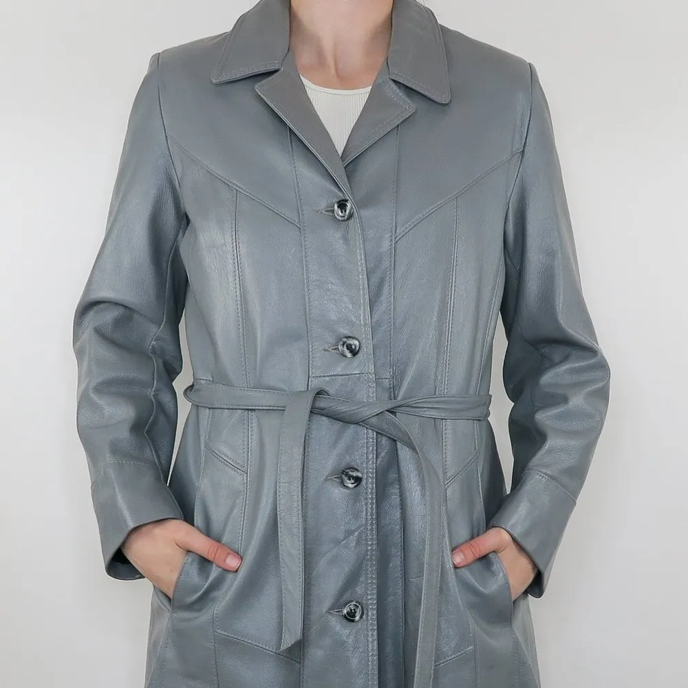 Vintage 70s Reed Sportsman Grey Leather Belted Trench Coat Size M - Image 3