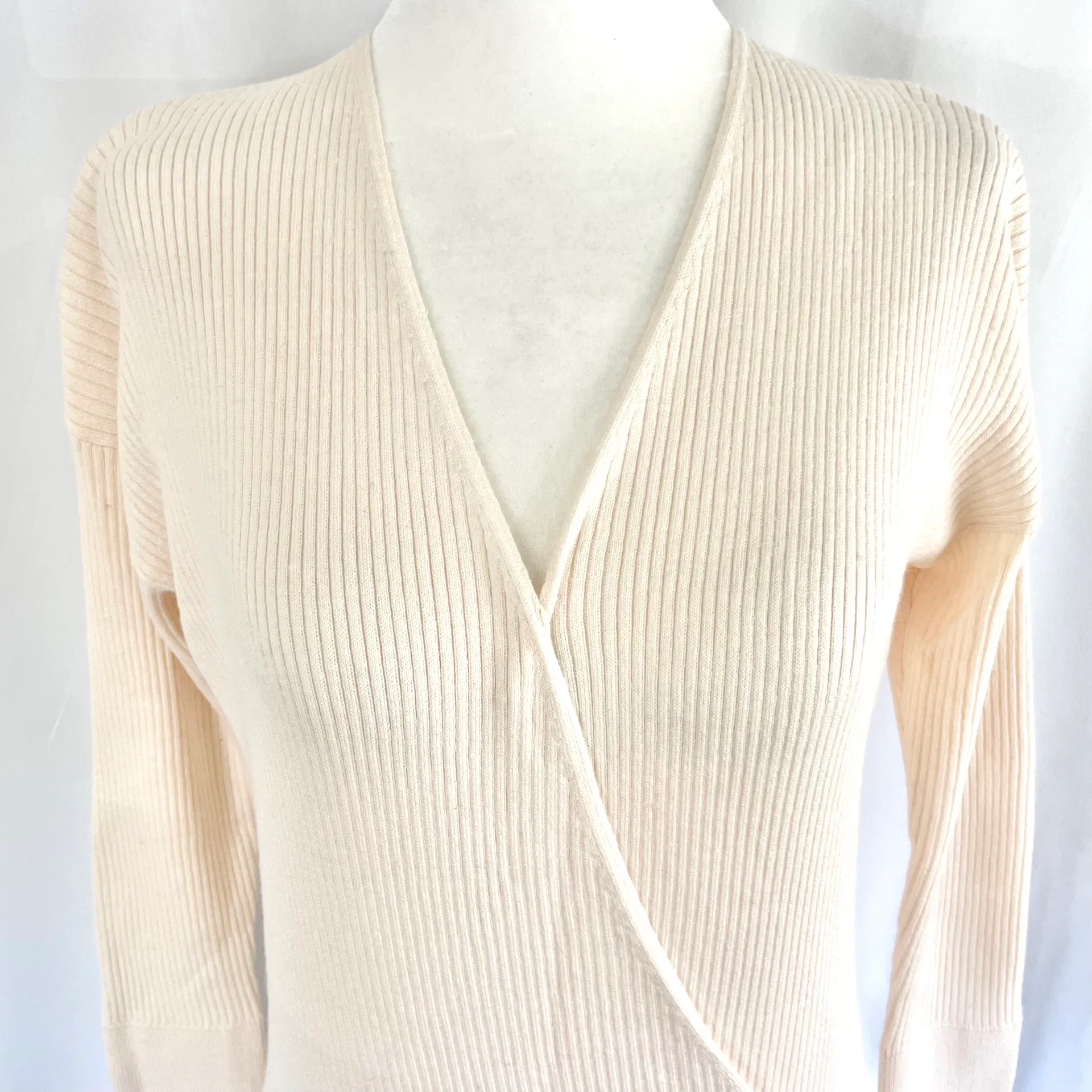 New  Faux Wrap V-Neck Sweater Long Sleeve Ribbed Knit Ivory - Image 6