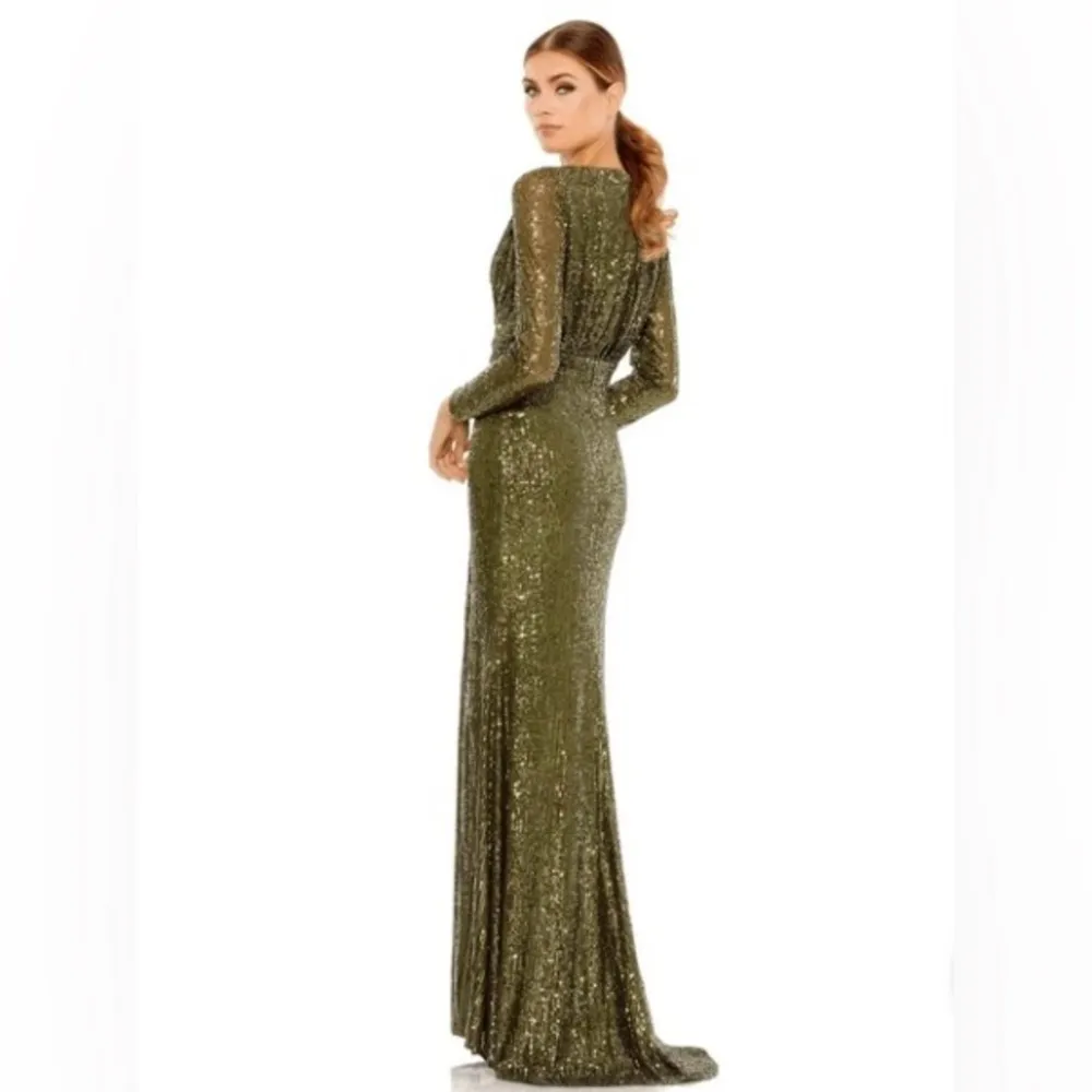 MacDuggal Ieena olive green sequin full length long sleeve high slit gown. 6 - Image 4