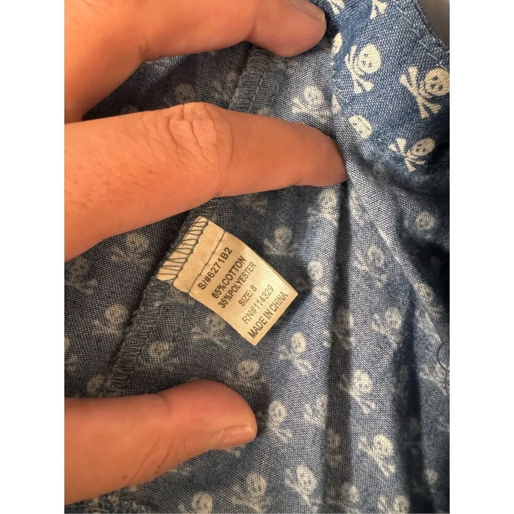 Poetry Skull Print Chambray Tie Front Crop Top Size SMALL - Image 4