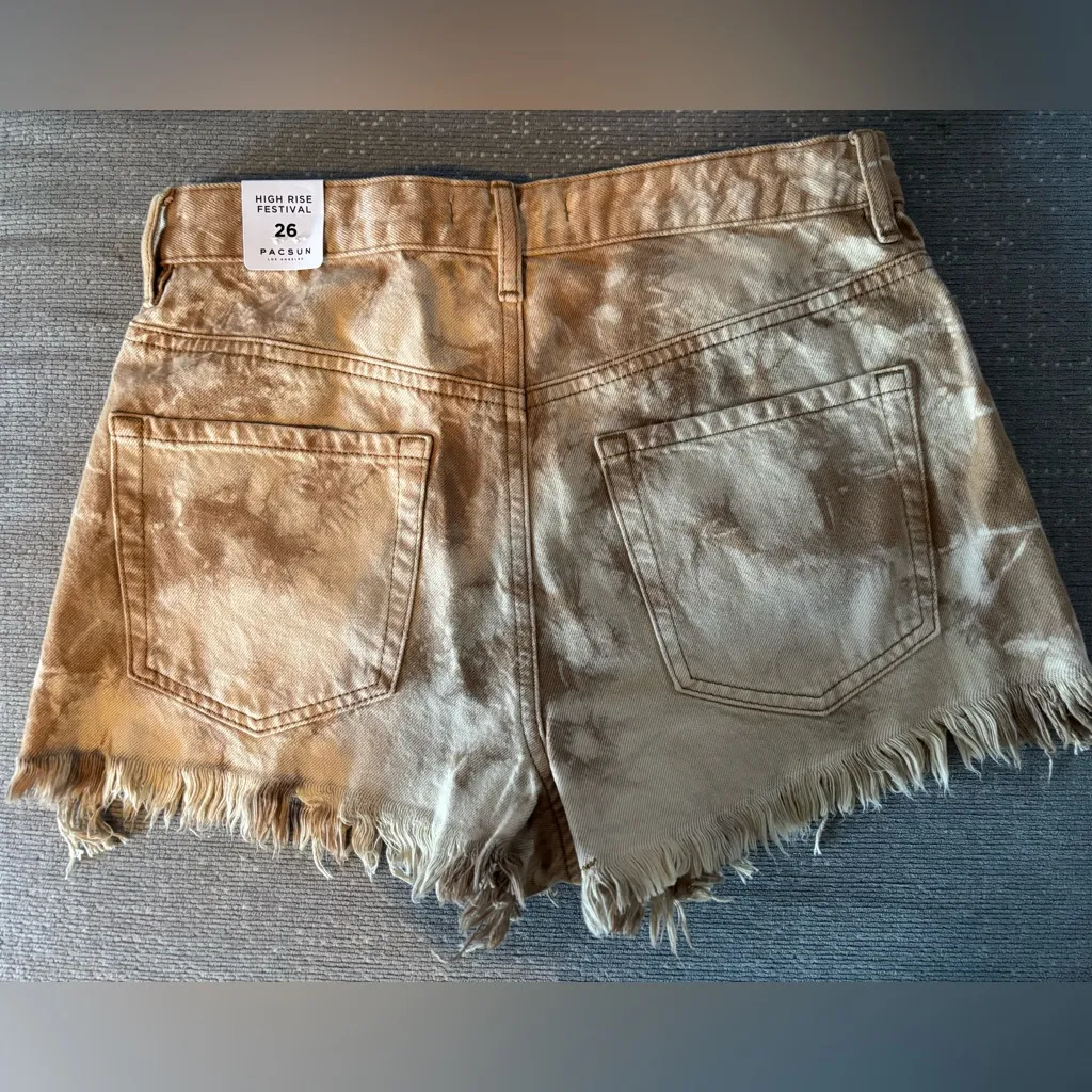 PacSun Sand Tie Dye High Waisted Frayed Denim Festival Shorts Beige Tan 26 - Image 2