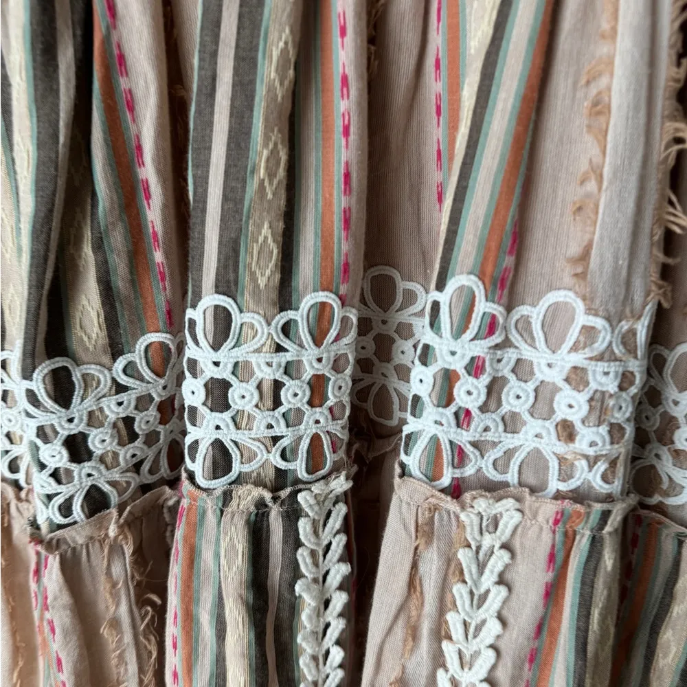 Hemant & Nandita Tiered Tassel Pixie Midi Dress ruffles embroidered eyelet vneck Tan Size M - Image 9