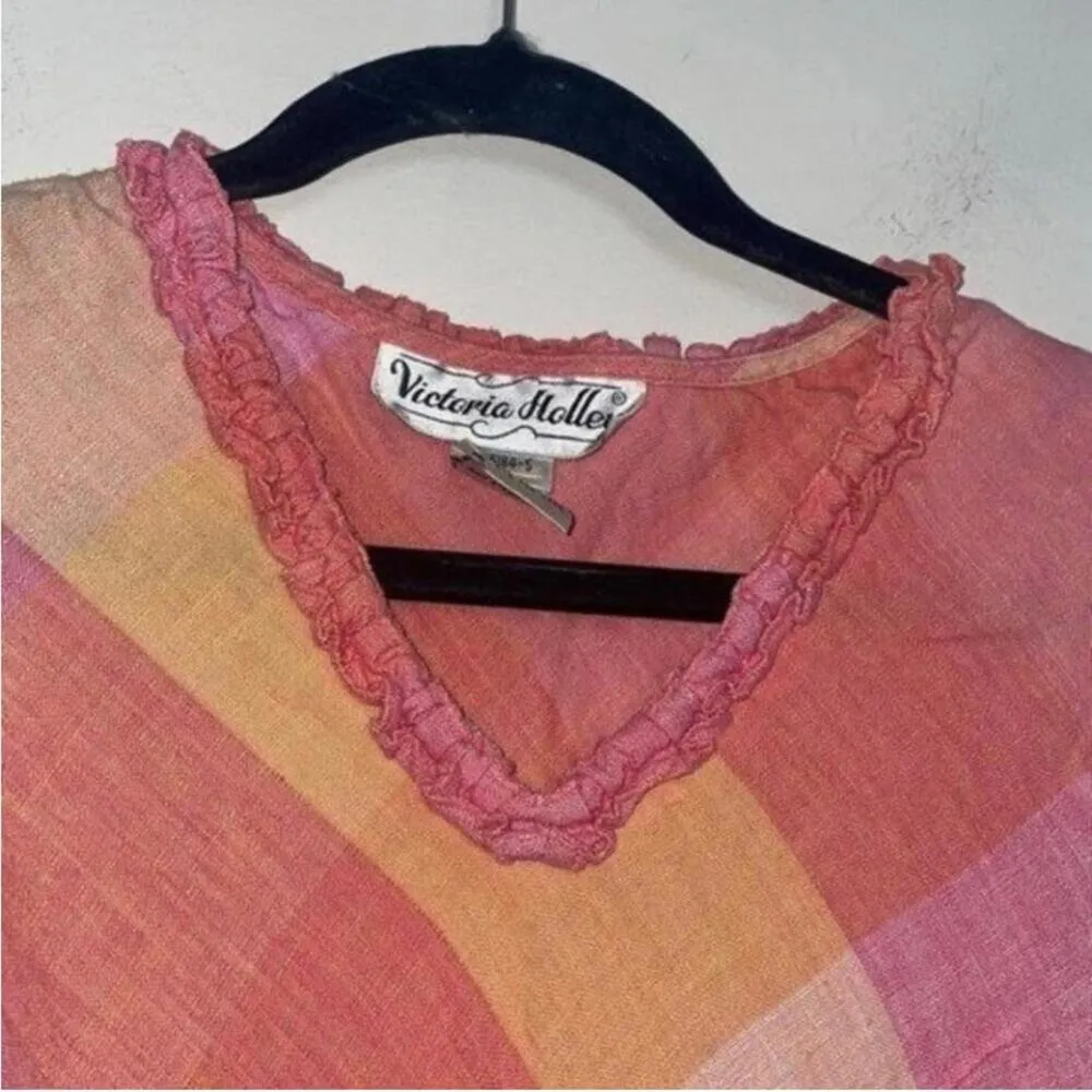 Vintage Victoria Holley Pink and Orange Plaid Maxi Dress Ruffle Trim Size 4P - Image 2