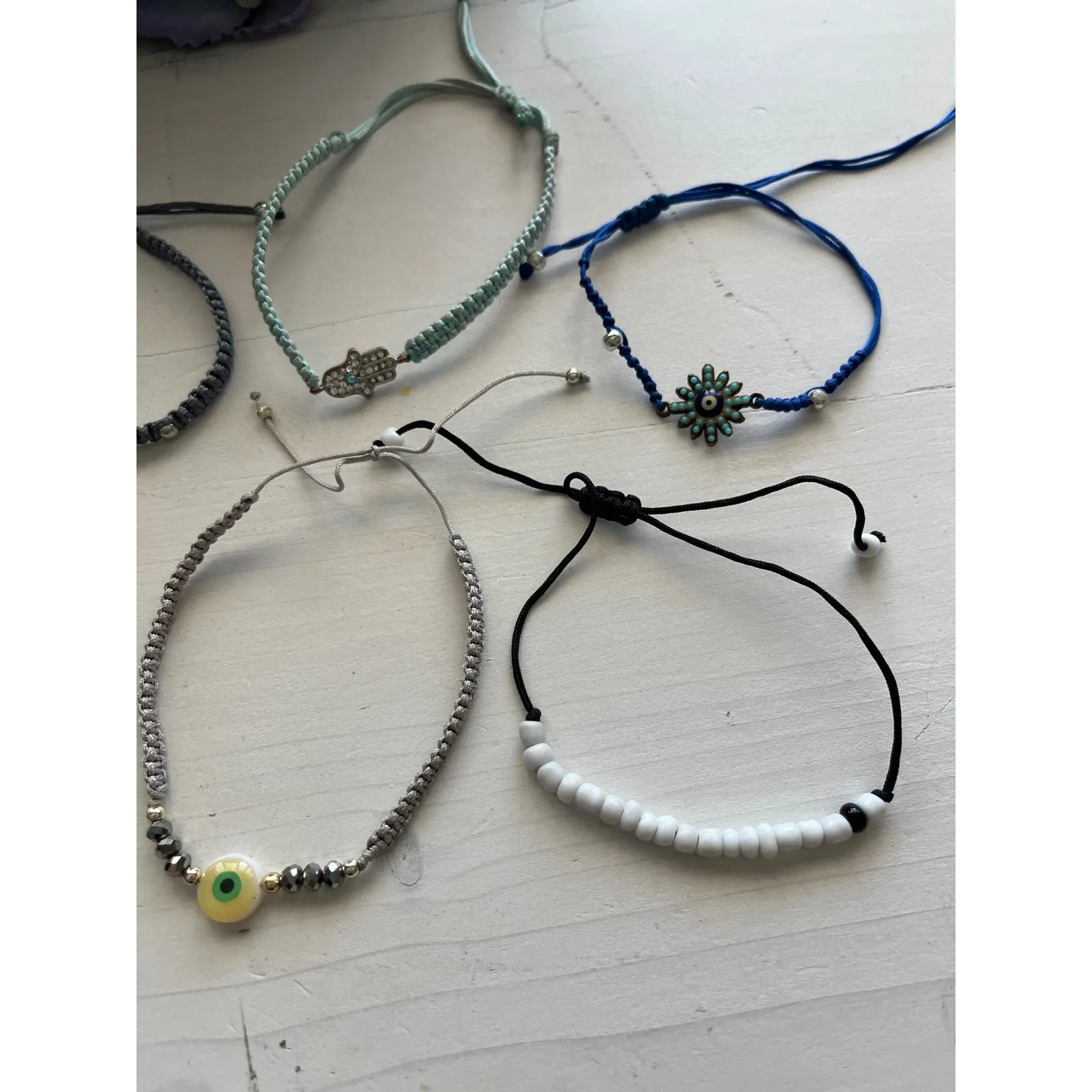 Handmade Beaded Bracelet Set Evil‎ Eye Hamsa Adjustable Cord Boho Blue - Image 2