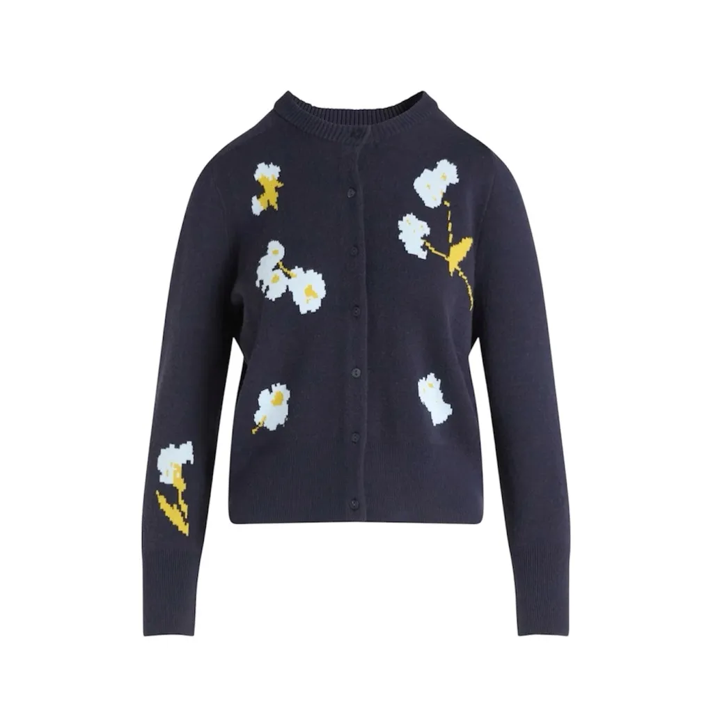 Women's Floral Jacquard Shrunken Cardigan Sweater Midweight W Blue Size M - Image 5