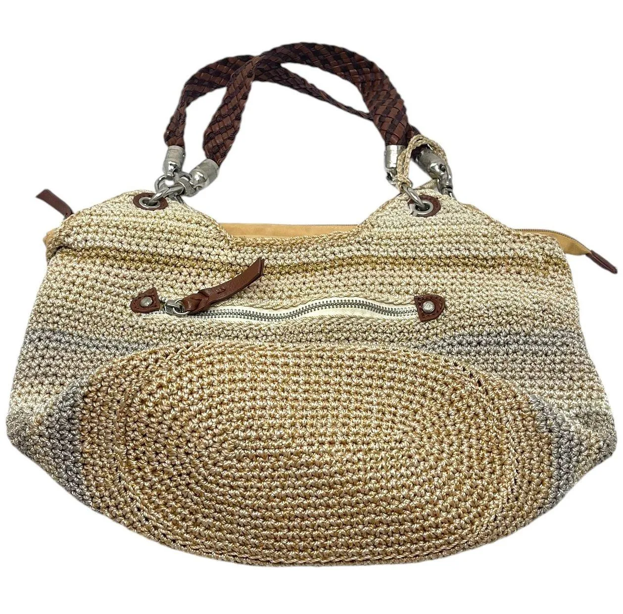 "Indio" Crochet Shoulder Bag Boho Beige Sand Striped Purse Braided Strap - Image 4