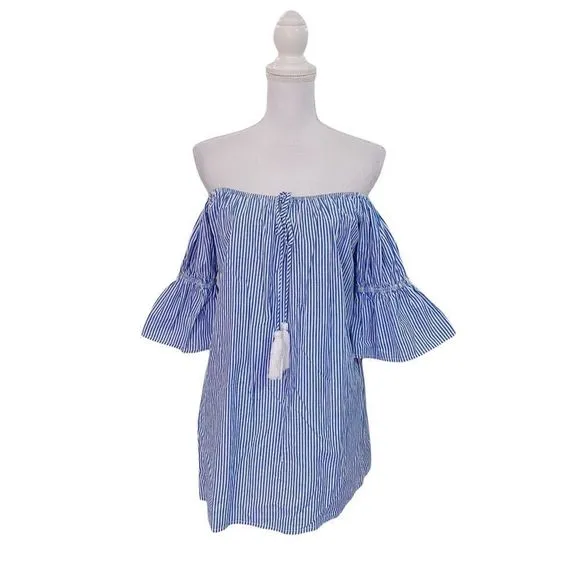 Hot & Delicious Off Shoulde White Blue Stripe Tassel Mini Small Dress ShirtDress - Image 2
