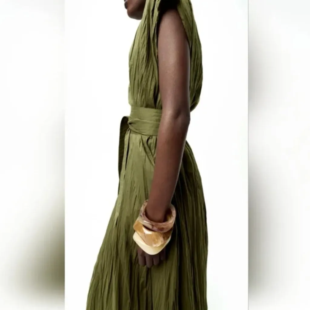 ZARA ZW COLLECTION GREEN BELTED WRINKLE MIDI TO MAXI DRESS XS $189 - Image 2