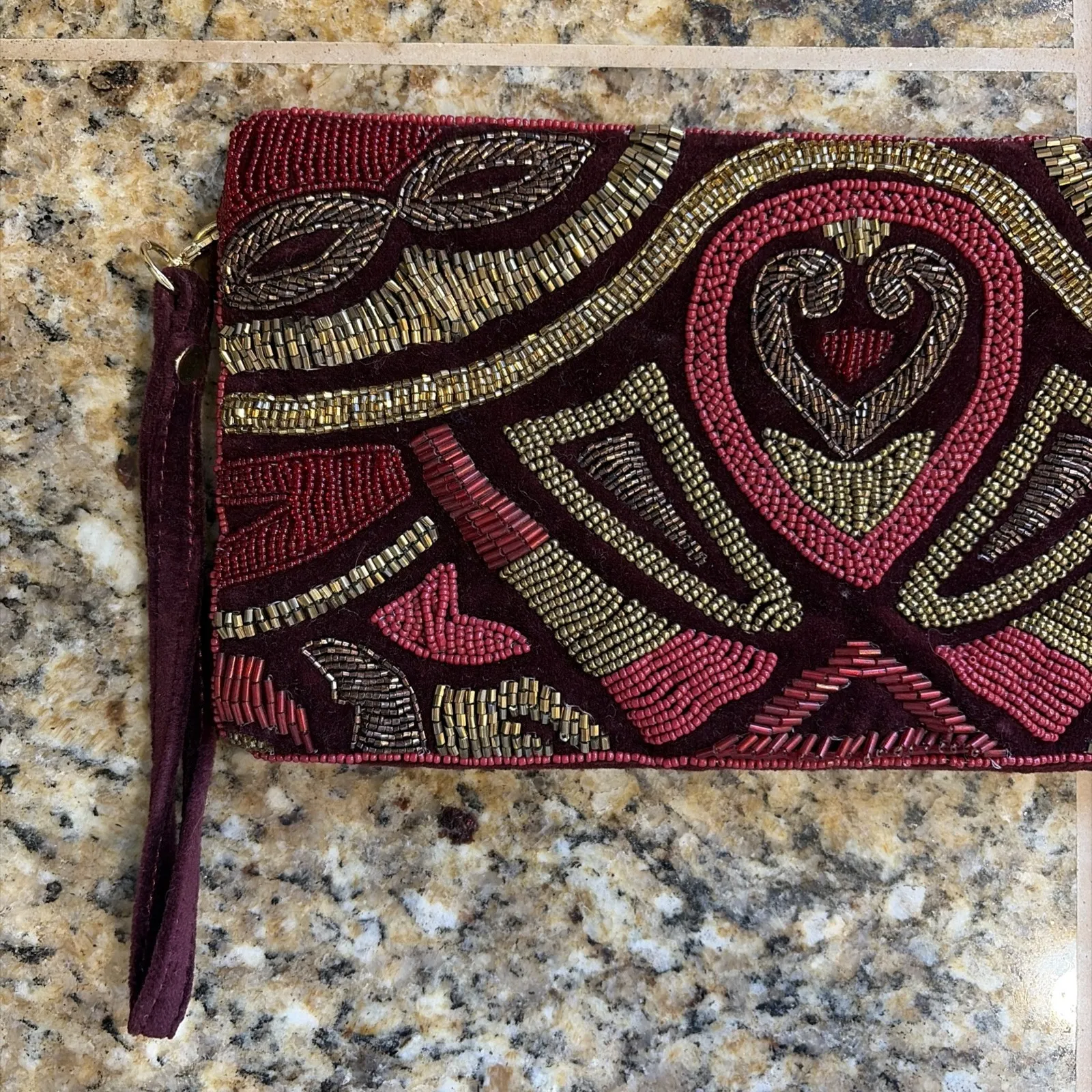 Chico's Maroon Burgundy Gold Beaded Velvet Velour Wristlet Clutch Purse Bag - Image 2