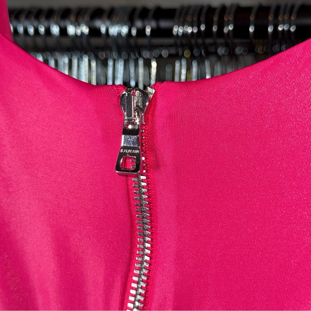 Balmain Fuchsia Ruched Mini Dress Metallic Shine V-Neck Pointed Shoulder - Image 13