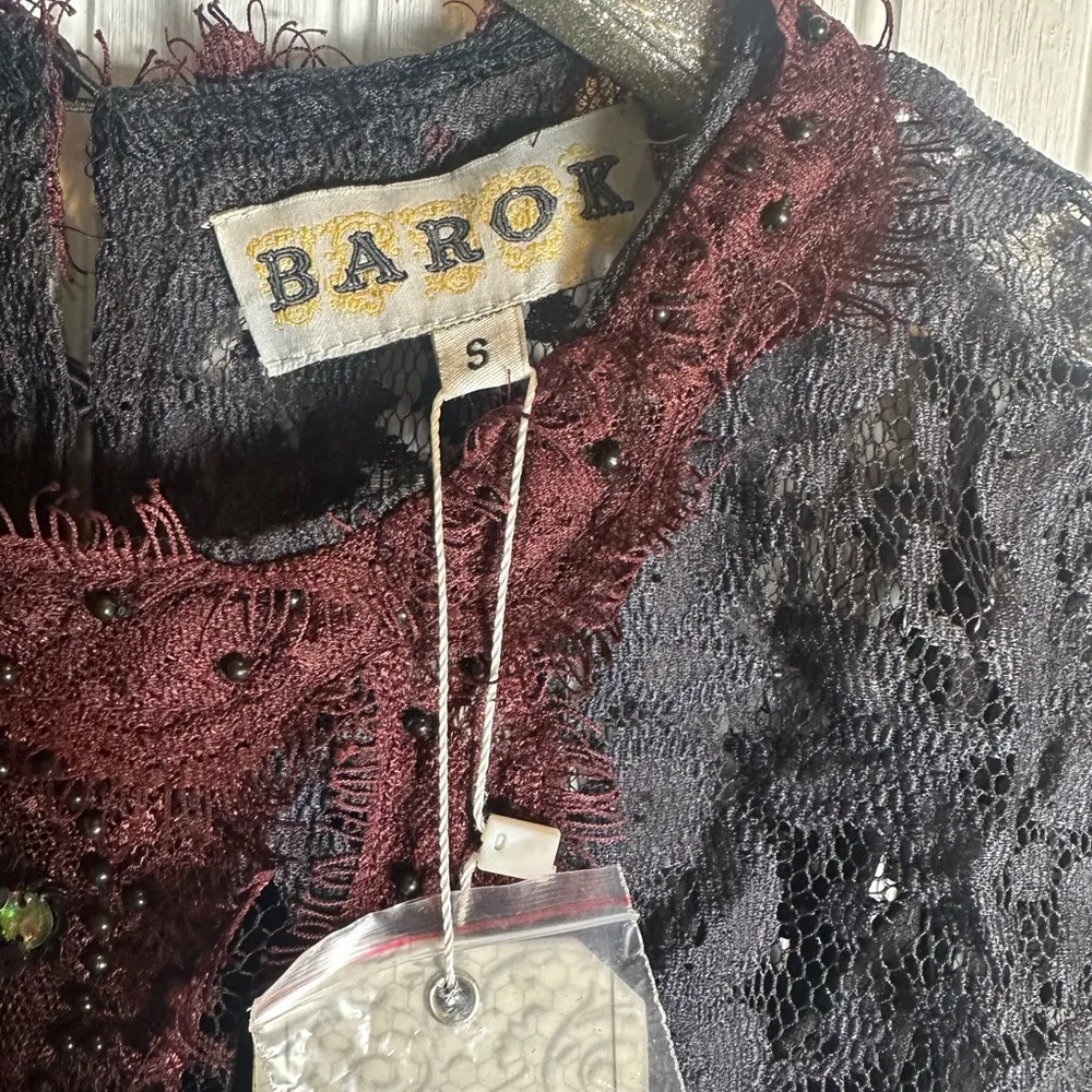 Barok Paris Lace Long Sleeve Maxi Dress Two Tone Burgundy Red & Navy Blue - Image 7