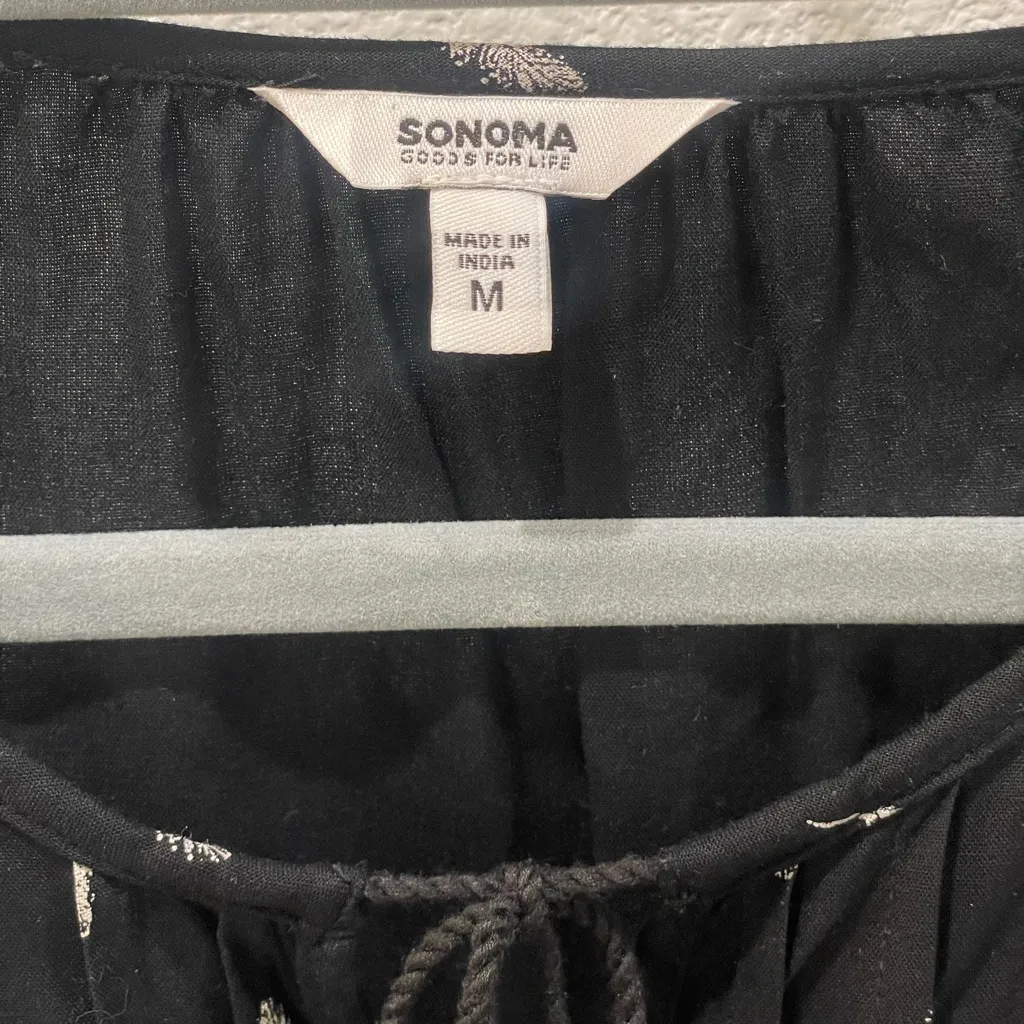 Sonoma Goods For Life Boho Black Feather Pattern Blouse with tassel tie size M Size M - Image 5