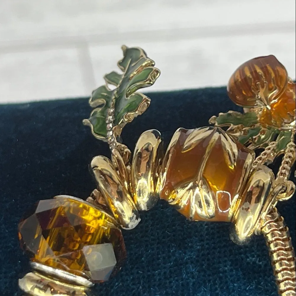 Fall Charm Bracelet Amber Colored Charms Turkey Pumpkin Leaf Corn Gold Tone - Image 12